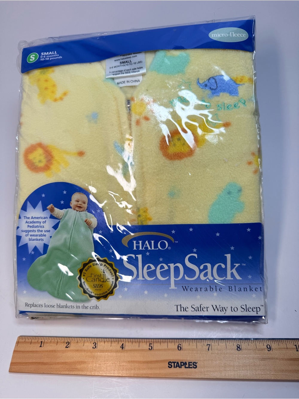 New Halo SleepSack yellow zoo animals Small 0-6 months (10-18lbs) micro fleece